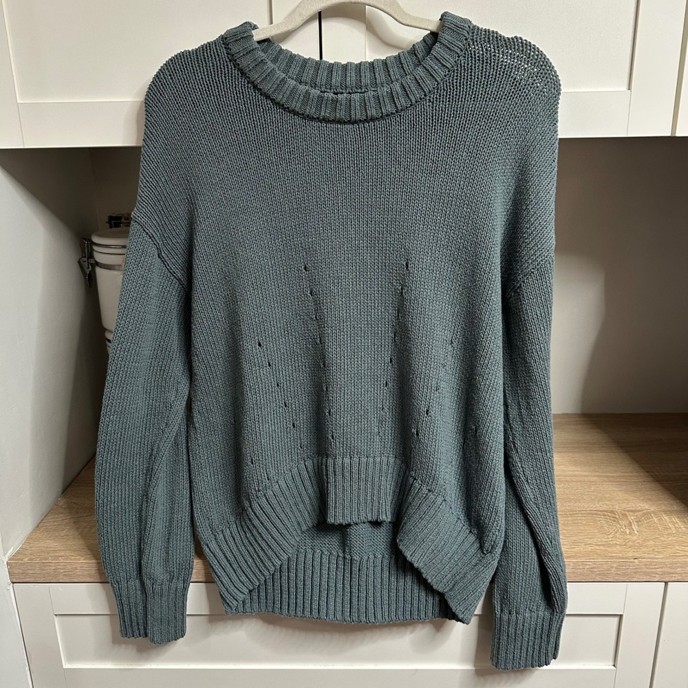 Loft Sweater Womens Small Teal Cotton Pointelle High Low Shaker Knit Fisherman